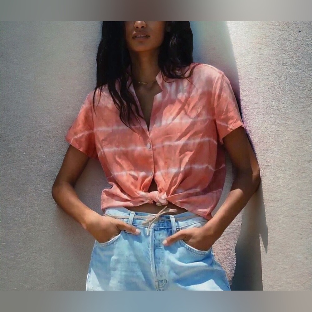 Cloth & Stone x Anthropologie - Coral/Tie-Dye - Short Sleeve Tencel Top- Buttons
